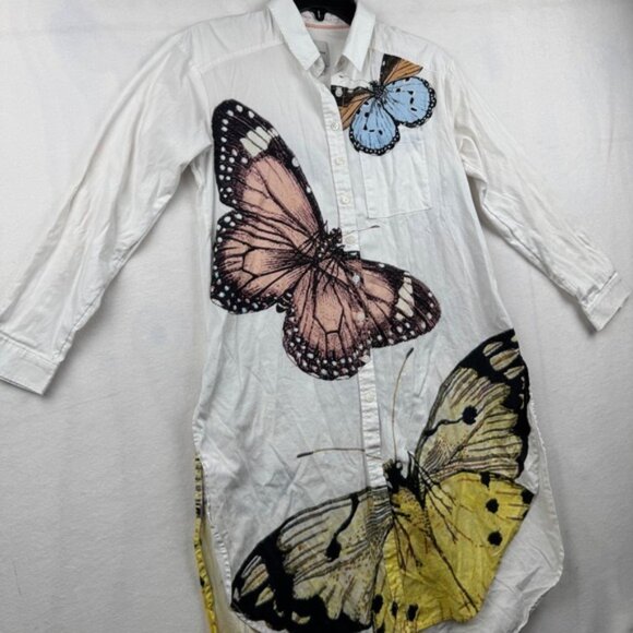 Maeve Anthropologie White Button Down Poplin Tunic Dress Butterfly Print XXS - Picture 2 of 10